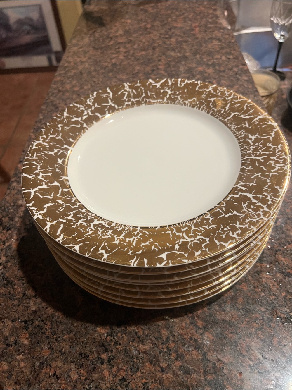 Crate & Barrel Pattern CBL87 Gold Sponge Rim 10" plates 8 plates, holiday - Picture 3 of 4